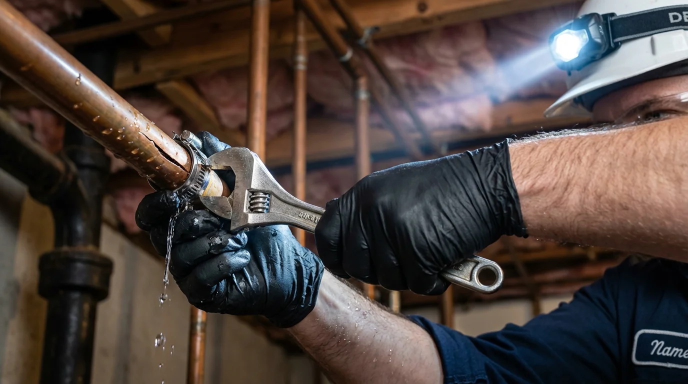 Emergency pipe clamp repair being performed by a Johns Plumbing LLC plumber in Monte Vista