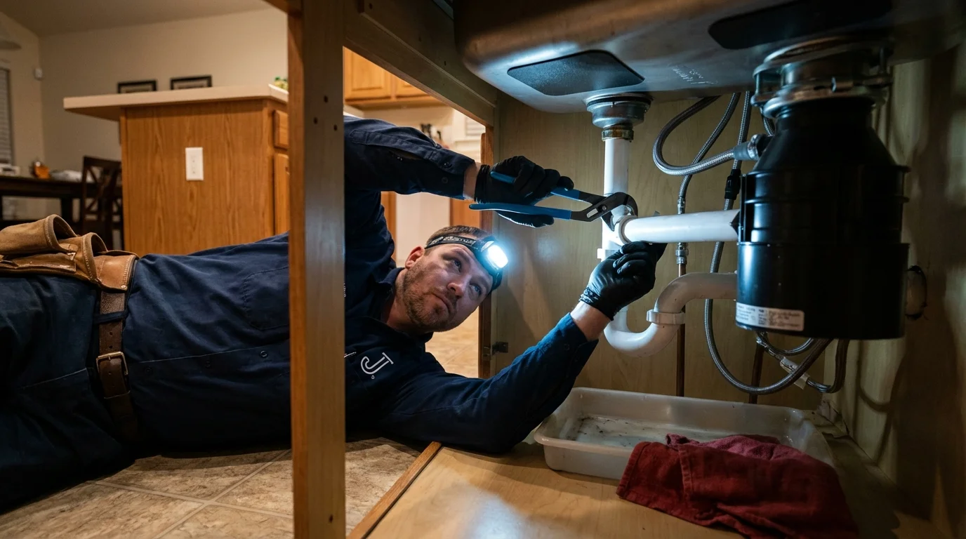 P-trap and supply line connections under a kitchen sink showing a common leak point in Monte Vista, CO